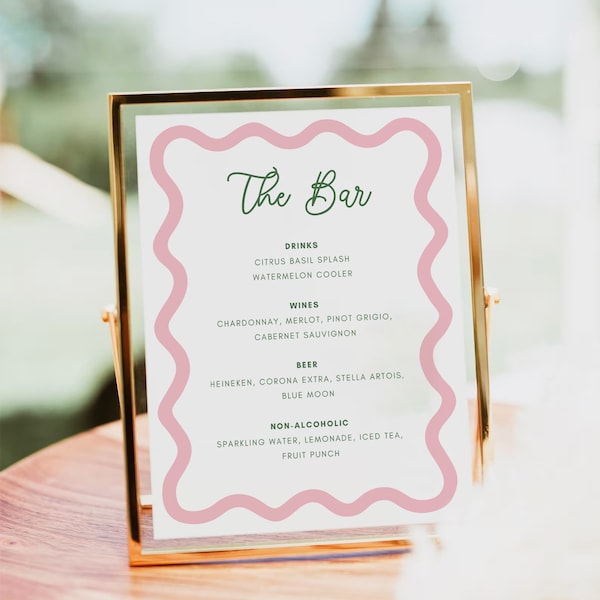 Wavy Bar Menu Template, Hand drawn, Wedding/Bridal Shower Bar Menu, Drinks Sign, Digital Template, INSTANT DOWNLOAD, Wavy Curvy Border, PP2