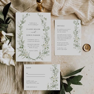 Plantilla de invitación de boda de flores silvestres, invitación de boda imprimible, invitación de vegetación, invitación blanca y verde, corona floral, MK1