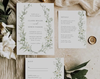 Szablon zaproszenia ślubne Wildflower, zaproszenie ślubne do druku, zaproszenie zieleni, zaproszenie białe i zielone, wieniec kwiatowy, MK1