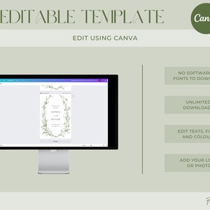 Pode incluir: Um ecr&atilde; de computador a mostrar um modelo de convite de casamento com um design de grinalda floral verde. O texto no convite diz "Sophie e Oliver". O ecr&atilde; est&aacute; sobre um fundo verde claro com o texto "DIY EDITABLE TEMPLATE" e "EDIT USING CANVA" no topo. O texto "NO SOFTWARE OR FONTS TO DOWNLOAD", "UNLIMITED DOWNLOADS", "EDIT TEXTS, FONTS AND COLOURS", e "ADD YOUR LOGO OR PHOTO" &eacute; apresentado em caixas brancas no lado direito do ecr&atilde;. O texto "Forever Print" est&aacute; na parte inferior do ecr&atilde;.