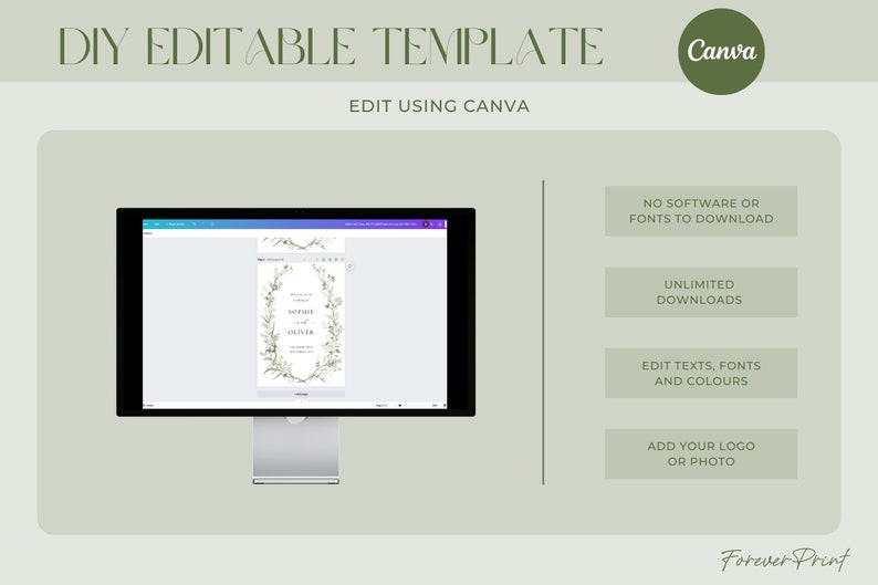 Pode incluir: Um ecr&atilde; de computador a mostrar um modelo de convite de casamento com um design de grinalda floral verde. O texto no convite diz "Sophie e Oliver". O ecr&atilde; est&aacute; sobre um fundo verde claro com o texto "DIY EDITABLE TEMPLATE" e "EDIT USING CANVA" no topo. O texto "NO SOFTWARE OR FONTS TO DOWNLOAD", "UNLIMITED DOWNLOADS", "EDIT TEXTS, FONTS AND COLOURS", e "ADD YOUR LOGO OR PHOTO" &eacute; apresentado em caixas brancas no lado direito do ecr&atilde;. O texto "Forever Print" est&aacute; na parte inferior do ecr&atilde;.