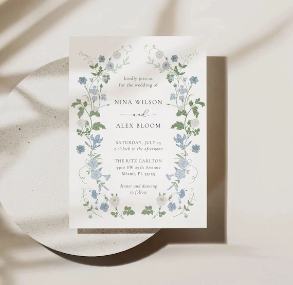 Blue Wildflower Wedding Invitation Template, Printable Wedding Invitation, Dusty Blue Invitation, Watercolor Invitation, Floral Wreath, NINA