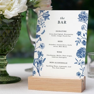 Letrero de bar floral azul, letrero de bebidas imprimible, menú de bar editable, menú de bebidas exclusivo, menú de cócteles, boda floral azul, botánica azul BK2