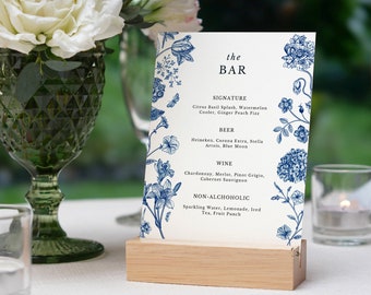 Insegna bar floreale blu, insegna bevande stampabili, menu bar modificabile, menu bevande firmate, menu cocktail, matrimonio floreale blu, Blue Botanics BK2