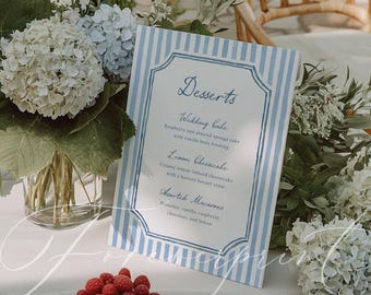 Plantilla de menú de postres con letrero de boda de rayas azules imprimible, menú de barra de postres para boda, plantilla editable, descarga instantánea, letrero de recepción 022