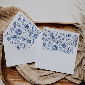 Blue Floral Envelope Liner Template, Printable Envelope, A7, Euro Flap, Square Flap, Instant Download, Blue Wedding, Editable Template BK2