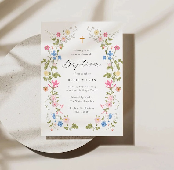Wildflower Baptism Invitation Template | Wildflowers Christening Invitation |  Religious Cross | Floral Invitation ROSIE