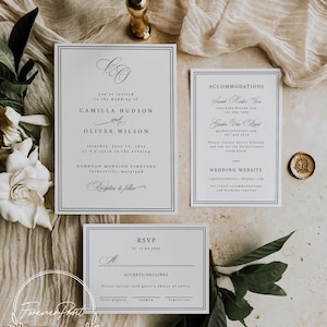 Minimaler schwarzer Rahmen-Hochzeits-Einladungsfolge - Modernes elegantes Einladungs-Set mit QR-Code RSVP, bearbeitbare Vorlage, Kalligraphie-Monogramm SCARLETT