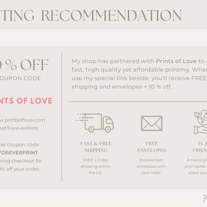 May include: A graphic with the text "10% OFF COUPON CODE" and "PRINTS OF LOVE" with a website address and coupon code. The graphic also includes icons for fast and free shipping, free envelopes, and eco-friendly printing.