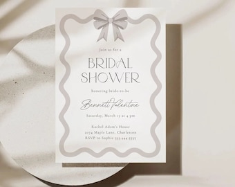 Wave Bridal Shower Invitation, Curve Modern Bridal Shower Invite, Bow Invitation, Editable Bridal Shower Template Wavy Shape Modern, Ribbon
