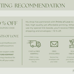 Pode incluir: Um gr&aacute;fico verde e branco com o texto "PRINTING RECOMMENDATION" no topo. O gr&aacute;fico anuncia um c&oacute;digo de cupom de 10% de desconto para Prints of Love, um servi&ccedil;o de impress&atilde;o. O gr&aacute;fico tamb&eacute;m destaca os benef&iacute;cios de usar Prints of Love, incluindo frete r&aacute;pido e gratuito, envelopes gratuitos e pr&aacute;ticas ecol&oacute;gicas.