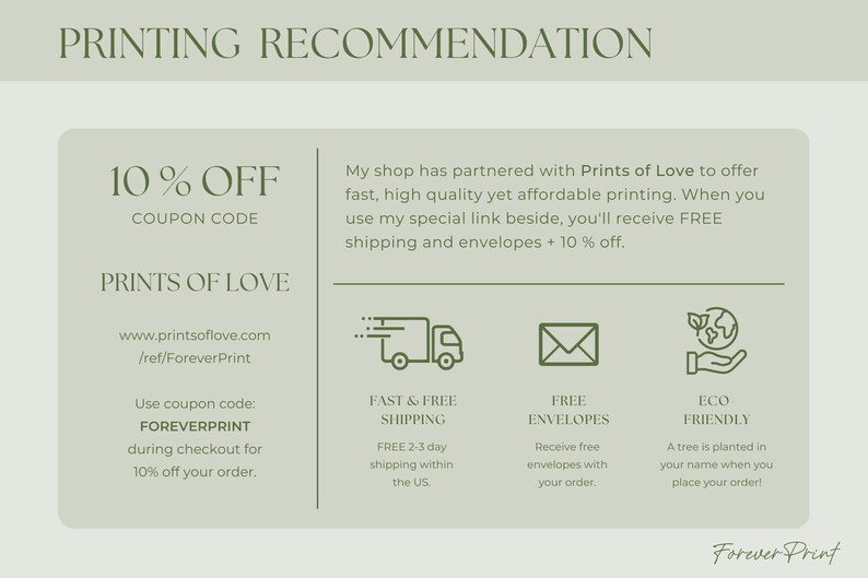 Pode incluir: Um gr&aacute;fico verde e branco com o texto "PRINTING RECOMMENDATION" no topo. O gr&aacute;fico anuncia um c&oacute;digo de cupom de 10% de desconto para Prints of Love, um servi&ccedil;o de impress&atilde;o. O gr&aacute;fico tamb&eacute;m destaca os benef&iacute;cios de usar Prints of Love, incluindo frete r&aacute;pido e gratuito, envelopes gratuitos e pr&aacute;ticas ecol&oacute;gicas.