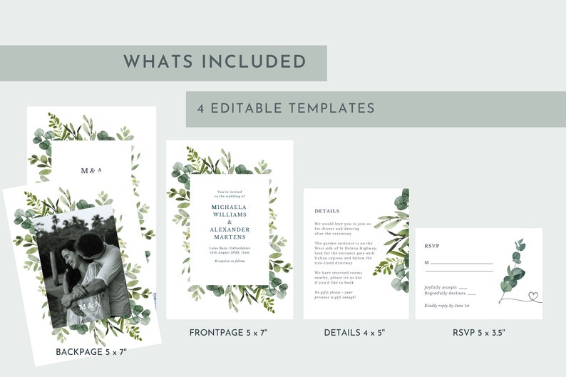 Greenery WEDDING INVITATION SET Template Download, Eucalyptus wedding invitation suite template, Modern wedding Invitation bundle leaves image 8