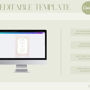 May include: A computer monitor displays a DIY editable template for Canva. The template features a design with a pink and white striped background and a gold frame. Text on the screen includes the words "The Menu" and other details. Additional text on the right side of the screen includes "No software or fonts to download."