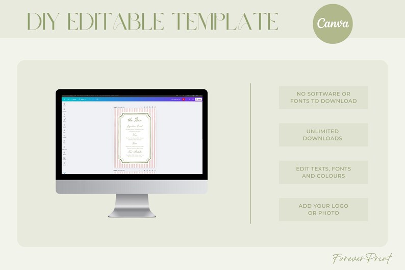 May include: A computer monitor displays a DIY editable template for Canva. The template features a design with a pink and white striped background and a gold frame. Text on the screen includes the words "The Menu" and other details. Additional text on the right side of the screen includes "No software or fonts to download."