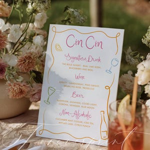 Modelo de placa de bar excêntrico, cardápio de coquetéis e bar para impressão, placa de bebidas festivas para casamento, modelo editável, DOWNLOAD INSTANTÂNEO, ondulado e curvo 038