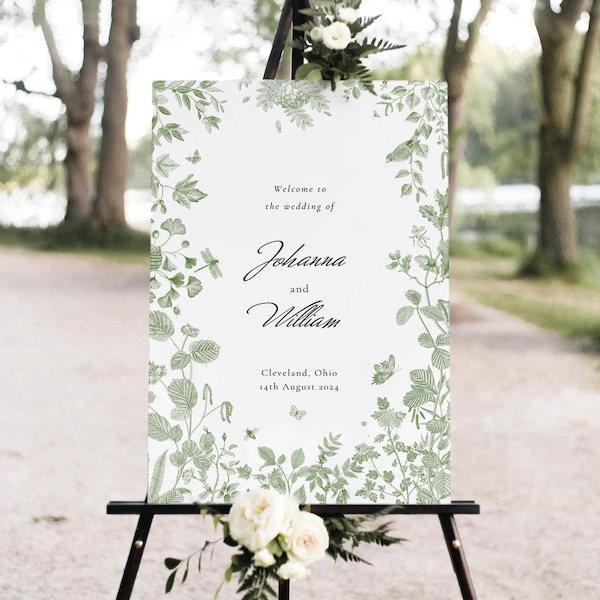 Feuilles vertes de bienvenue de mariage, modèle de signe de bienvenue de jardin, signe de bienvenue, mariage de verdure, affiche de bienvenue de mariage, modèle modifiable GR1