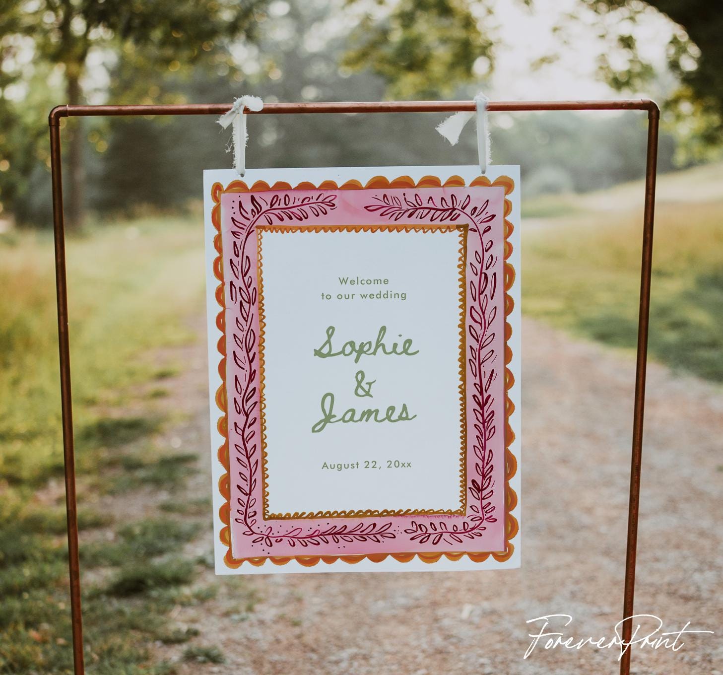 Whimsical Pink Wedding Welcome Sign Template, Hand-painted Border ...