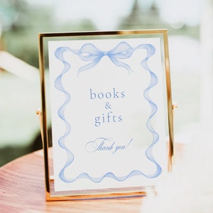 Blaue Schleife Bücher und Geschenke Zeichen, Babyparty Geschenkzeichen, Schleife Geschenke Zeichen Vorlage, Geschenke Zeichen, Bücher und Geschenke Zeichen, bearbeitbare Vorlage LAUREN