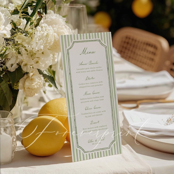 Green Striped Menu Template, Classic Elegant Wedding or Bridal Shower, Watercolor Editable Printable DIY, Instant Download, Table Decor 021