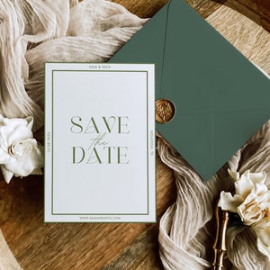 May include: A wedding invitation suite featuring a white card with the text "Save the Date" in green, a green envelope, and a gold wax seal. The card includes the date 16.08.2024 and the website kaiaandnick.com.