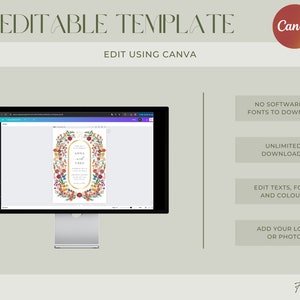 May include: A computer screen displaying a floral wedding invitation template in Canva. The template features a gold frame with a floral border and the text "Anna & Theo". The text "DIY Editable Template" is at the top of the image, and the text "Edit Using Canva" is below the screen.