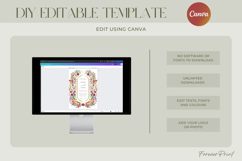 May include: A computer screen displaying a floral wedding invitation template in Canva. The template features a gold frame with a floral border and the text "Anna & Theo". The text "DIY Editable Template" is at the top of the image, and the text "Edit Using Canva" is below the screen.