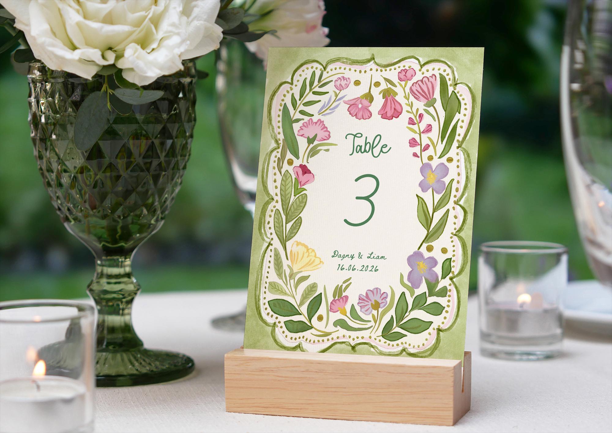 Table Signs Editable Green Floral Table Number Template, Hand Drawn, Printable Table Sign ...