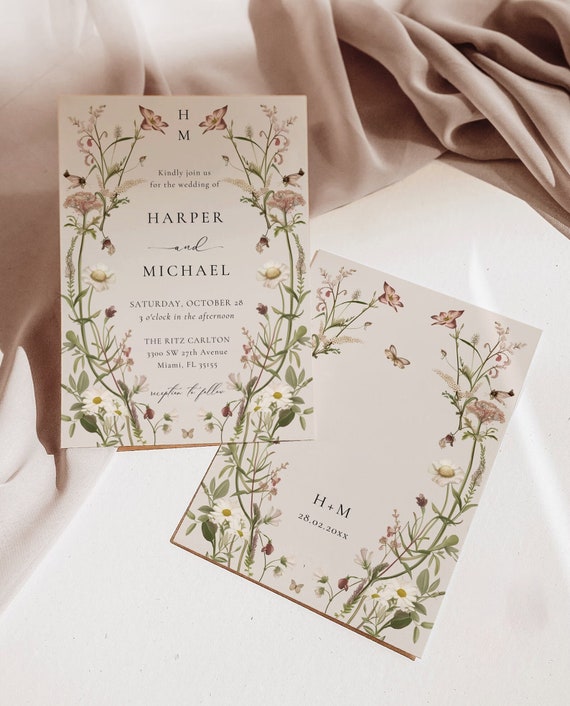 Wildflower Wedding Invitation Template, Printable Wedding Invitation, Wedding Invitation, Boho Wildflower Invitation, Floral Wreath, HARPER