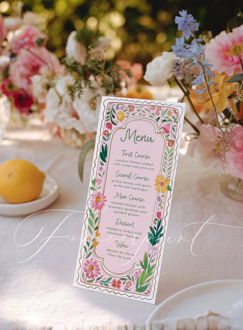 Menu First Course Layout Pink Floral Menu Template, Hand Drawn, Printable Dinner Menu, Editable ...