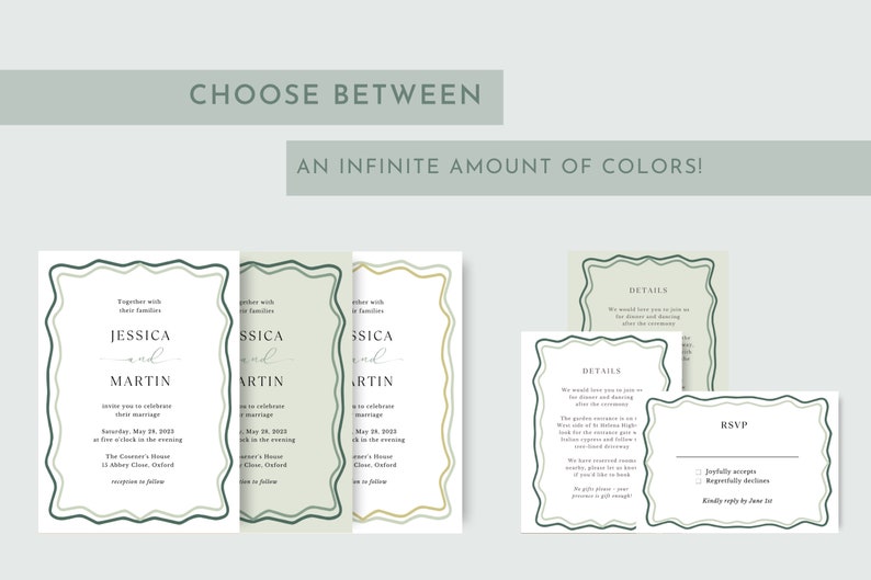 May include: Three wedding invitation designs with a green and gold border. The text on the invitation reads "Together with their families, Jessica and Martin invite you to celebrate their marriage, Saturday, May 28, 2022, at five o'clock in the evening, The Country House, 11 Abbey Close, Oxford, reception to follow."