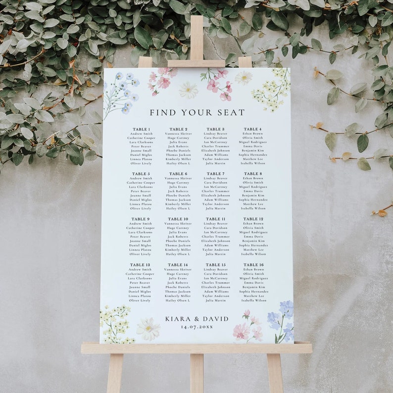 Pastel Wildflower Wedding Seating Chart, Printable Wedding Table Plan, Wedding Plan Garden Wedding, Seating Plan, Floral Seating Chart KIARA image 1