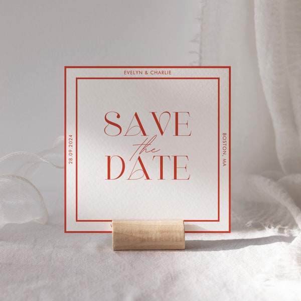 Modern Save the Date Invitation, Save our Date, Square Minimal Wedding Invitation Template, Printable Invitation, Red Invitation