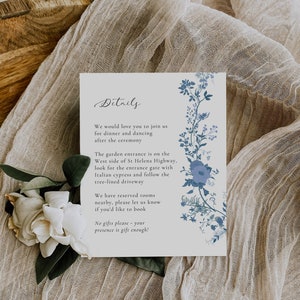 May include: A white card with blue floral illustrations and the text "Details" in cursive. The card includes information about a wedding reception, including the location, directions, and a note about reserved rooms. The text reads: "We would love you to join us for dinner and dancing after the ceremony. The garden entrance is on the West side of St Helena Highway, look for the entrance gate with Italian cypress and follow the tree-lined driveway. We have reserved rooms nearby, please let us know if you'd like to book. No gifts please - your presence is gift enough!"