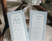 Blue Striped Wedding Program Template, Classic Ceremony Itinerary, Editable 4x9 Card, Printable Order of Events, Instant Download 022