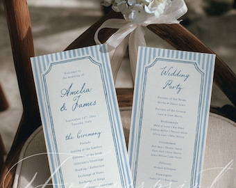 Blau gestreifte Hochzeitsprogramm Vorlage, klassische Zeremonie Reiseplan, bearbeitbare 10x9 Karte, druckbare Reihenfolge der Ereignisse, Sofort Download 022