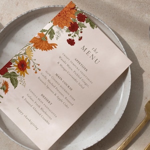 Plantilla de menú de Acción de Gracias, Menú de flores rústicas imprimible, Tarjeta de menú de otoño, Plantilla editable Menú de cena de otoño Menú de acción de amigos TG23