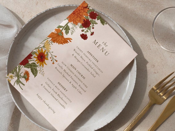 Thanksgiving Menu Template, Rustic Flowers Menu Printable, Fall Menu Card, Editable Template Fall Dinner Party Menu Friendsgiving Menu TG23