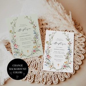 May include: A green and white floral baptism invitation with the text "Please join us as we celebrate the Baptism of our daughter Sophie Linnea" and the date "Monday, August 14, 2024".