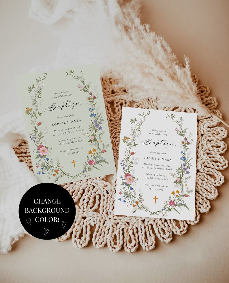 May include: A green and white floral baptism invitation with the text "Please join us as we celebrate the Baptism of our daughter Sophie Linnea" and the date "Monday, August 14, 2024".