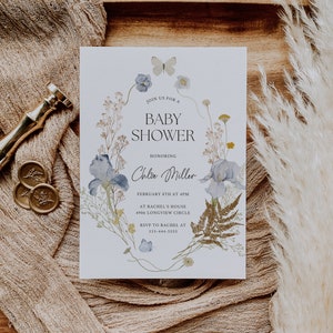 Boho Blue Floral Baby Shower Invitation, Bohemian Boy Baby Shower Invite, Slate Blue Baby Shower, Sweet Baby Boy, Blue Floral Invitation