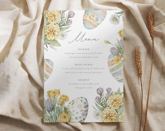 Menu del brunch di Pasqua, menu di Pasqua, menu del coniglietto dell'acquerello, menu di Pasqua stampabile, modello di menu, modello di brunch, brunch di Pasqua