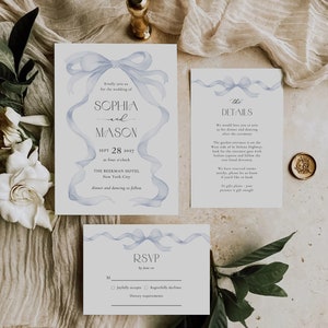 Blue Bow Wedding Invitation, Curvy Invitation, Editable Template, Blue Ribbon, Modern Wedding Invitation, Watercolor Bow Invitation, BA22
