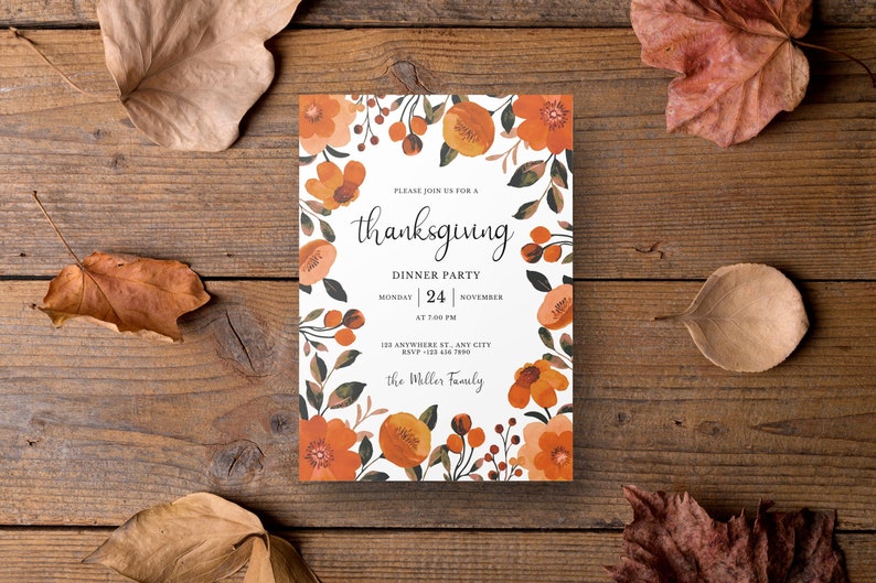 Thanksgiving Invitation, Thanksgiving Dinner Invitation, Floral Party Invitation, Printable Thanksgiving Invite, Instant Download, Botanic image 1