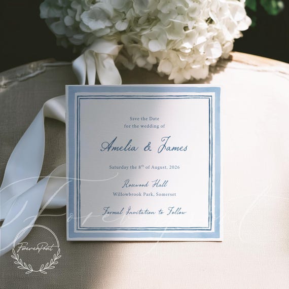 Editable Wedding Save the Date Template, Blue Watercolor Save the Date, Printable Wedding Invitation, Elegant Script, Instant Download 022