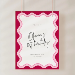 Ladies 21st Birthday Welcome Sign,  Printable Instant Download, Editable Template, Scalloped, Curvy, Squiggly, Waves, Pink Party Easel,  EH9