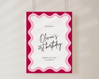 Ladies 21st Birthday Welcome Sign,  Printable Instant Download, Editable Template, Scalloped, Curvy, Squiggly, Waves, Pink Party Easel,  EH9
