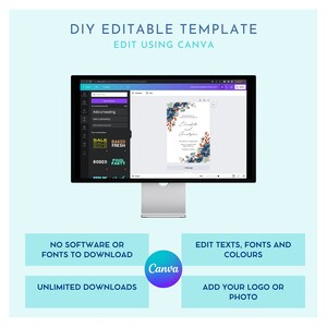 May include: A computer monitor displays a wedding invitation template. The invitation features blue floral accents and the names "Elisabeth and Christopher." Text on the screen reads "DIY Editable Template" and "Edit Using Canva." Additional text includes "No software or fonts to download."