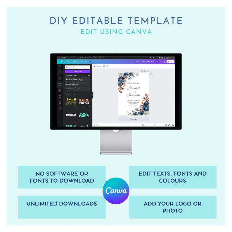 May include: A computer monitor displays a wedding invitation template. The invitation features blue floral accents and the names "Elisabeth and Christopher." Text on the screen reads "DIY Editable Template" and "Edit Using Canva." Additional text includes "No software or fonts to download."