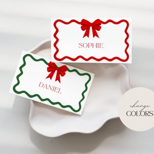 Christmas Menu Place Cards Template, Curvy Waves Menu, Printable Christmas Menu, Editable Template, Table Cards, Name Cards, Bow, CC2 image 4